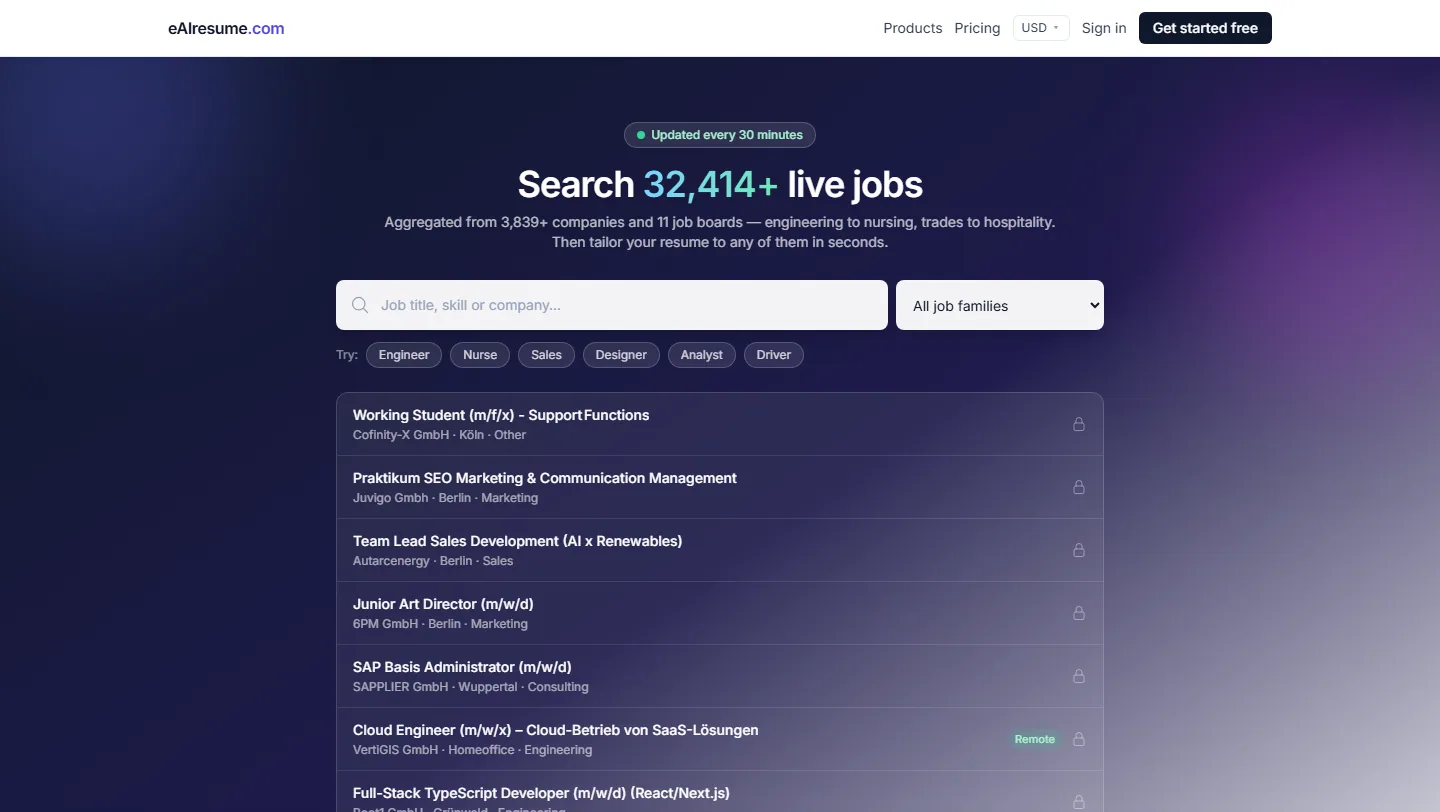 The eAIresume job search page with a search box and job listings.