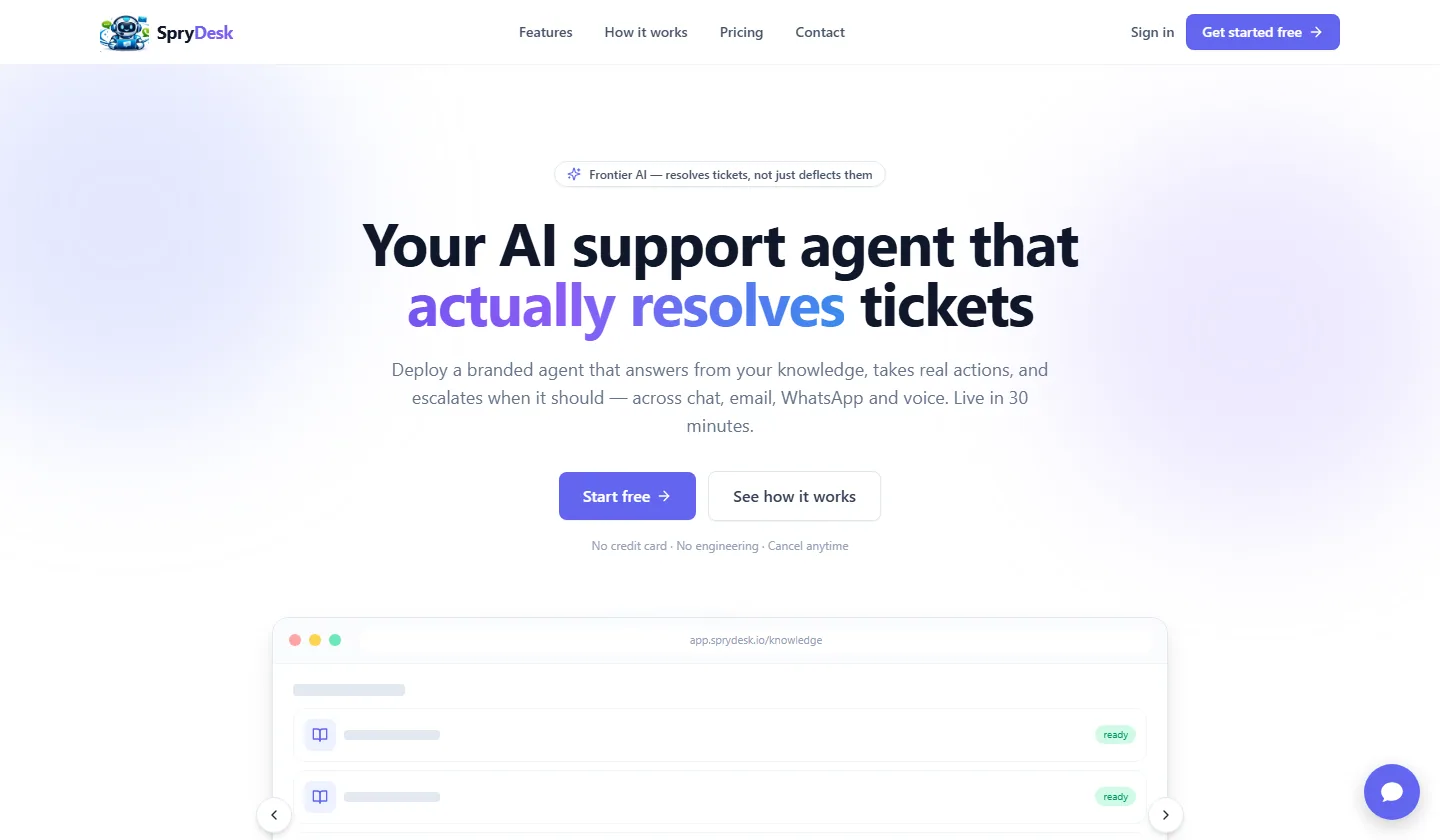 The SpryDesk homepage: “Your AI support agent that actually resolves tickets.”