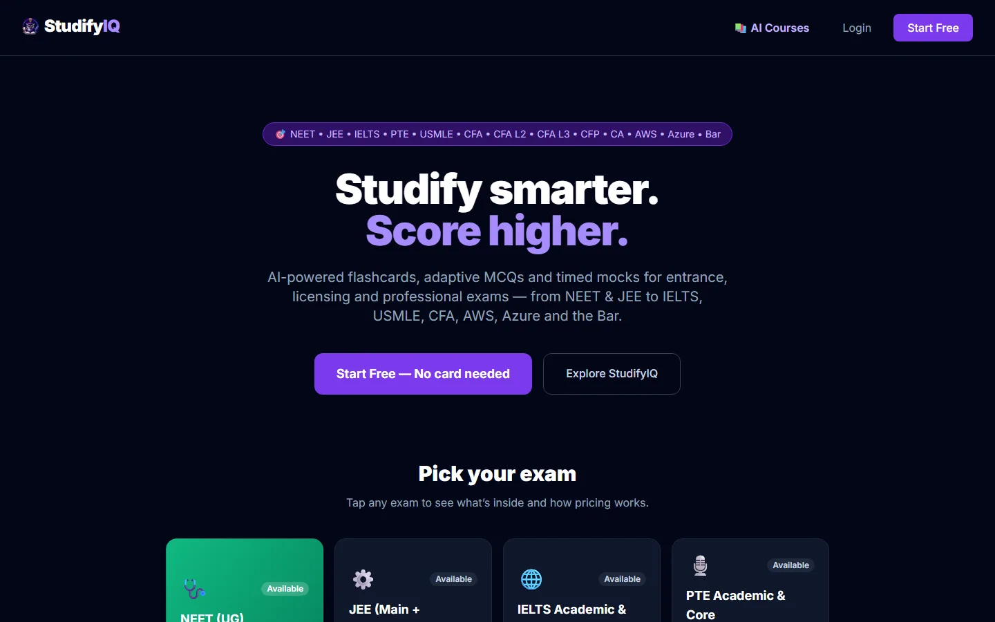 The StudifyIQ homepage with the headline “Studify smarter. Score higher.”