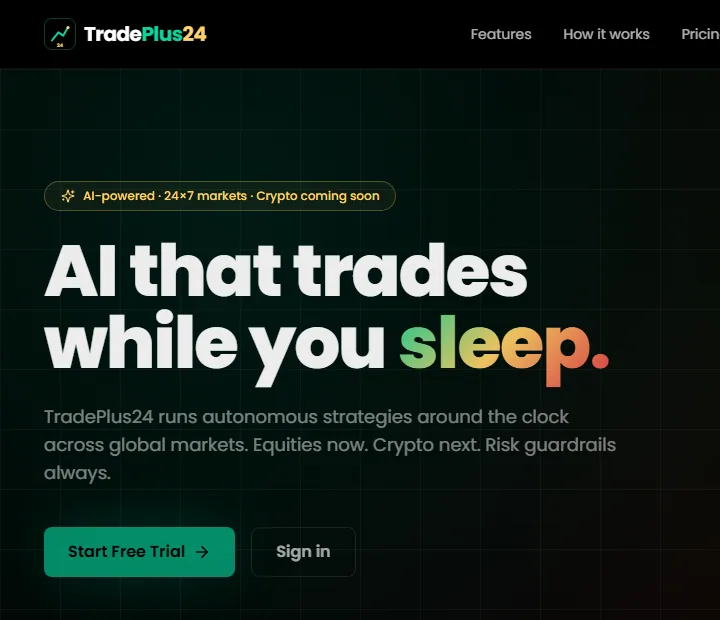 The TradePlus24 homepage headline “AI that trades while you sleep.”